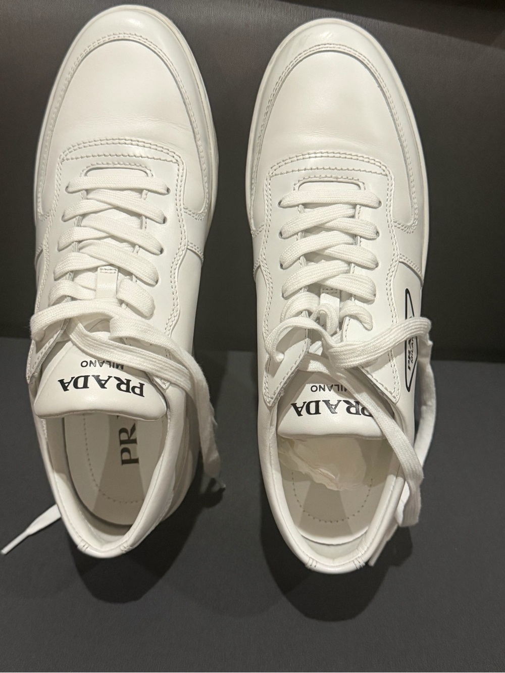 Prada White Leather Low-Top Sneakers with Logo Patch womens sneakers - Picture 13 of 16
